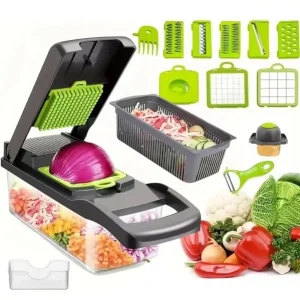 16 in 1 Multifunction Vegetable Cutter with Square Basket – Portable Chopper, Slicer & Grater